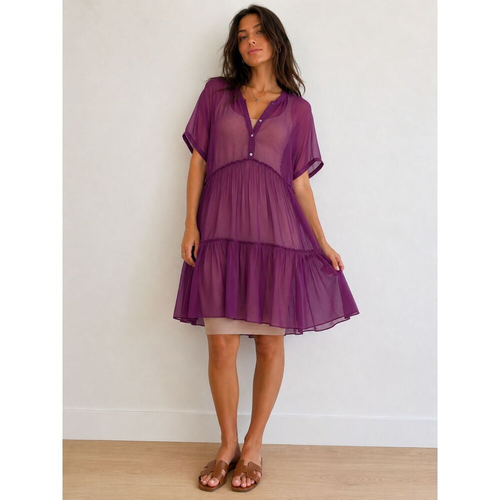 La Contessa Oversized 100% Silk Sheer Short Sleeve Tiered Babydoll Mini Dress LG